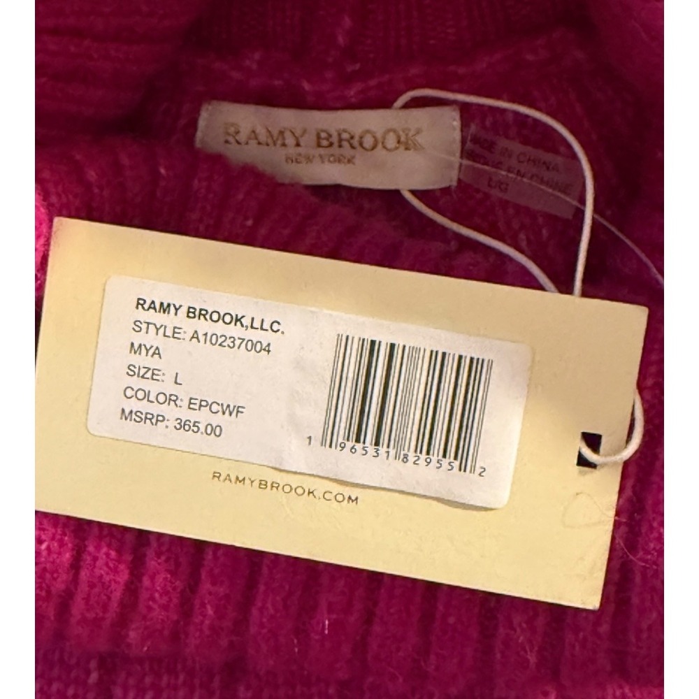 Ramy Brook Mya Sweater Fringe Trim Cable Knit Turtleneck Hot Pink Size Large NWT - Picture 5 of 9